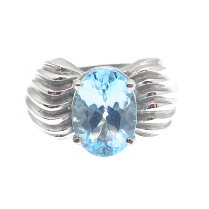 925 Sterling Silver Vintage Real Oval-Cut Blue Topaz Gem Ribbed Ring Size 8.25