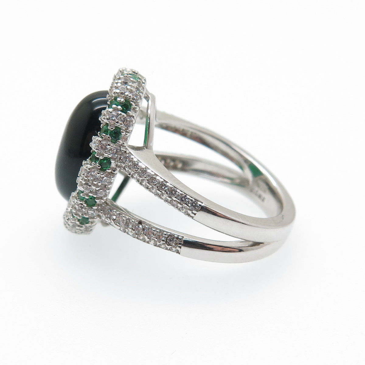 DSMK 925 Sterling Silver Cabochon Nano Emerald & C Z Ring Size 7.25