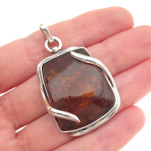 925 Sterling Silver Vintage Real Amber Modernist Oxidized Pendant
