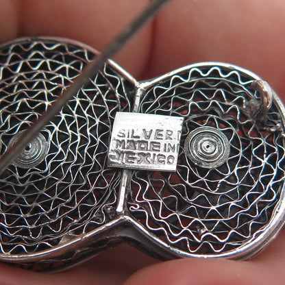 925 Sterling Silver Vintage Mexico Guitar Filigree Oxidized Pin Brooch