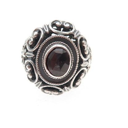 835 Silver Antique Art Deco Austria Real Red Garnet Floral Oxidized Ring Size 7