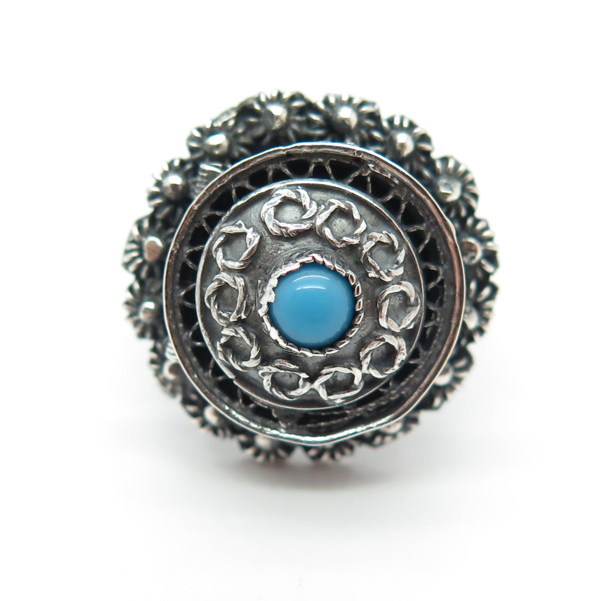 925 Sterling Silver Vintage Faux Turquoise Cannetille Oxidized Ring Size 5