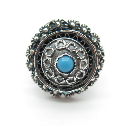 925 Sterling Silver Vintage Faux Turquoise Cannetille Oxidized Ring Size 5