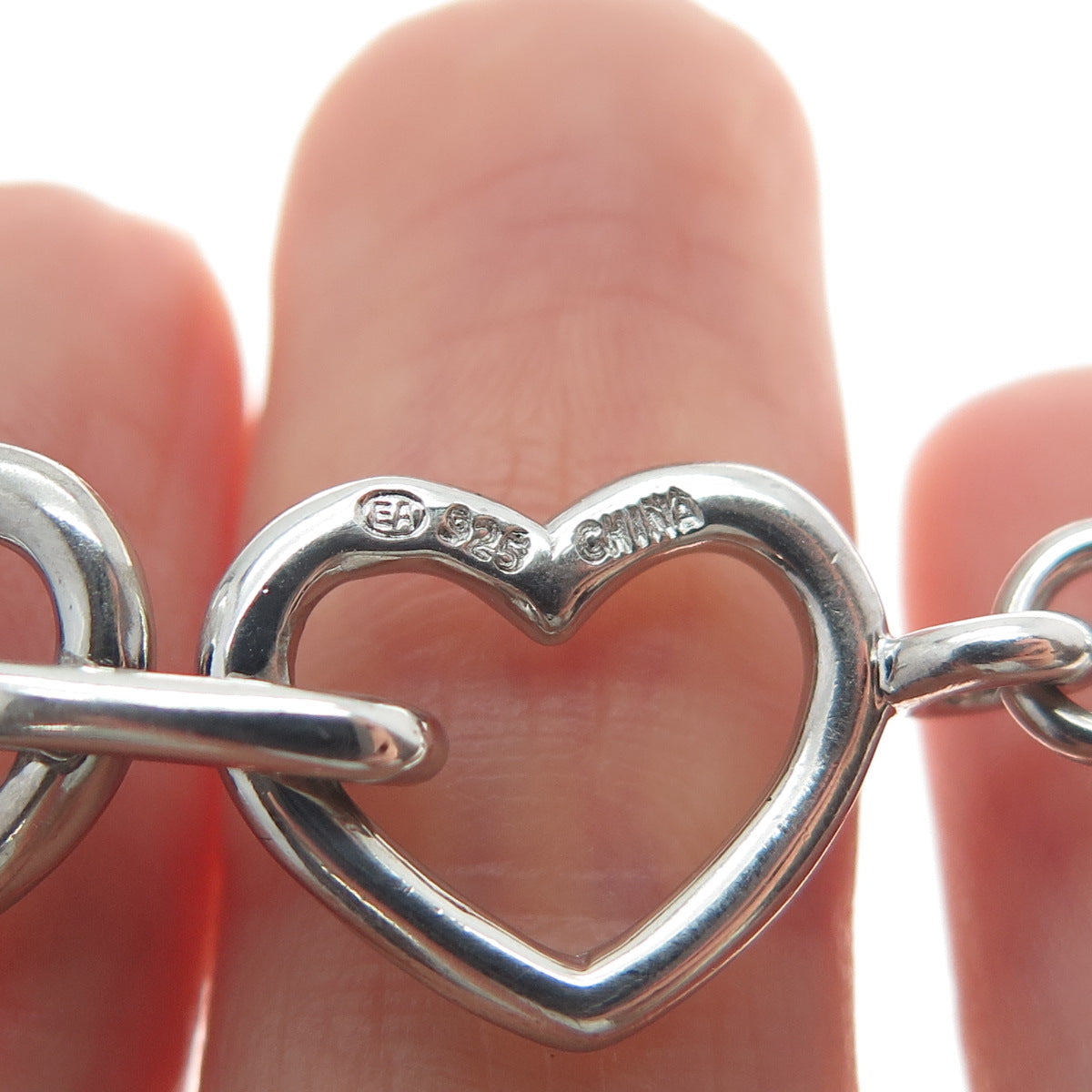 925 Sterling Silver Real Round-Cut Diamond Heart Link Bracelet 6.5"