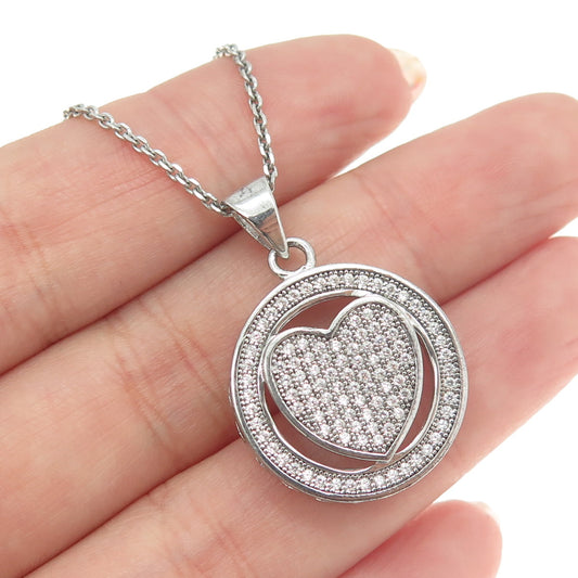 925 Sterling Silver Italy Round-Cut C Z Circle of Life Heart Chain Necklace 16"
