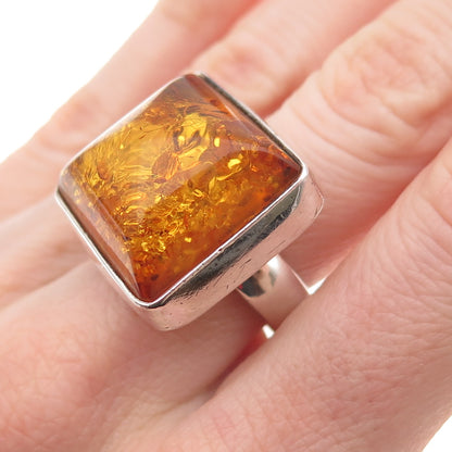925 Sterling Silver Vintage Real Amber Modernist Ring Size 7.75