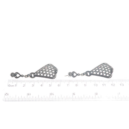 925 Sterling Silver Vintage Round-Cut C Z Oxidized Dangle Earrings