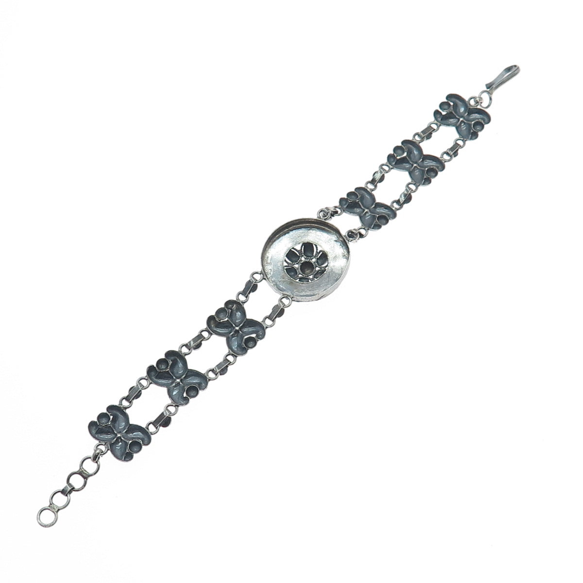 925 Sterling Silver Antique Art Deco Floral Link Oxidized Bracelet 7"