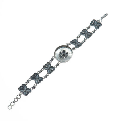 925 Sterling Silver Antique Art Deco Floral Link Oxidized Bracelet 7"