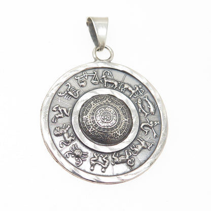 925 Sterling Silver Vintage Mexico Mayan & Zodiac Calendar Oxidized Pendant