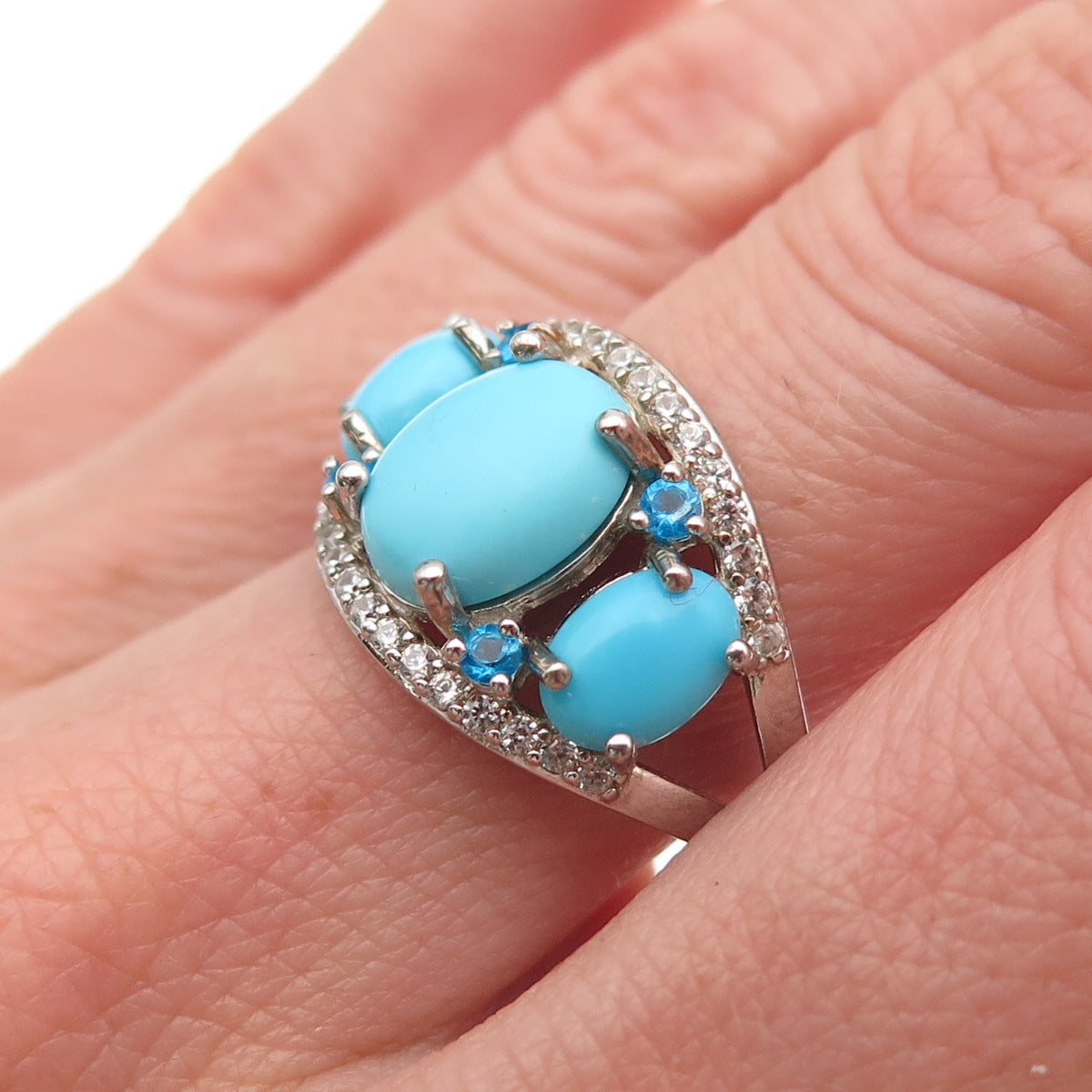 925 Sterling Silver Real Turquoise Apatite & White Topaz Ring Size 8