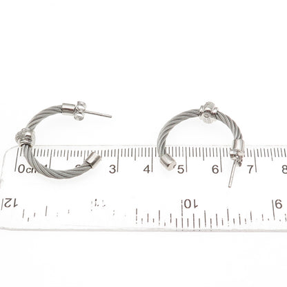 925 Sterling Silver & Steel Real Round-Cut Diamond Hoop Earrings