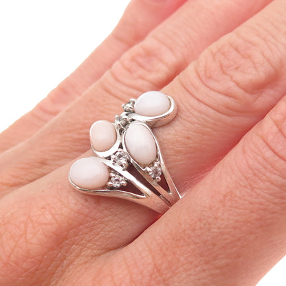 925 Sterling Silver Vintage Real Rose Quartz & C Z Modernist Ring Size 7