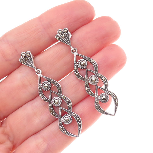 925 Sterling Silver Vintage Real Marcasite Oxidized Dangle Earrings