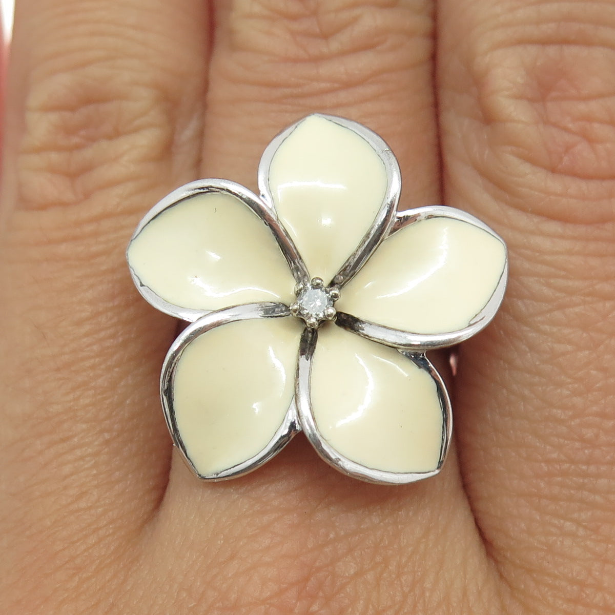 MICHELLE ALBALA 925 Sterling Enamel Real Diamond Hawaiian Plumeria Ring Size 7