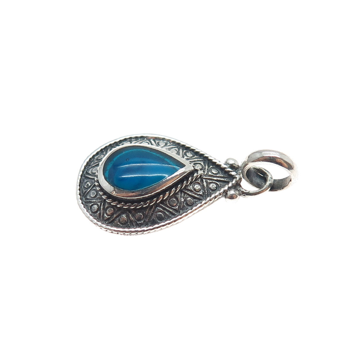 925 Sterling Silver Vintage Blue Enamel Teardrop Oxidized Charm Pendant