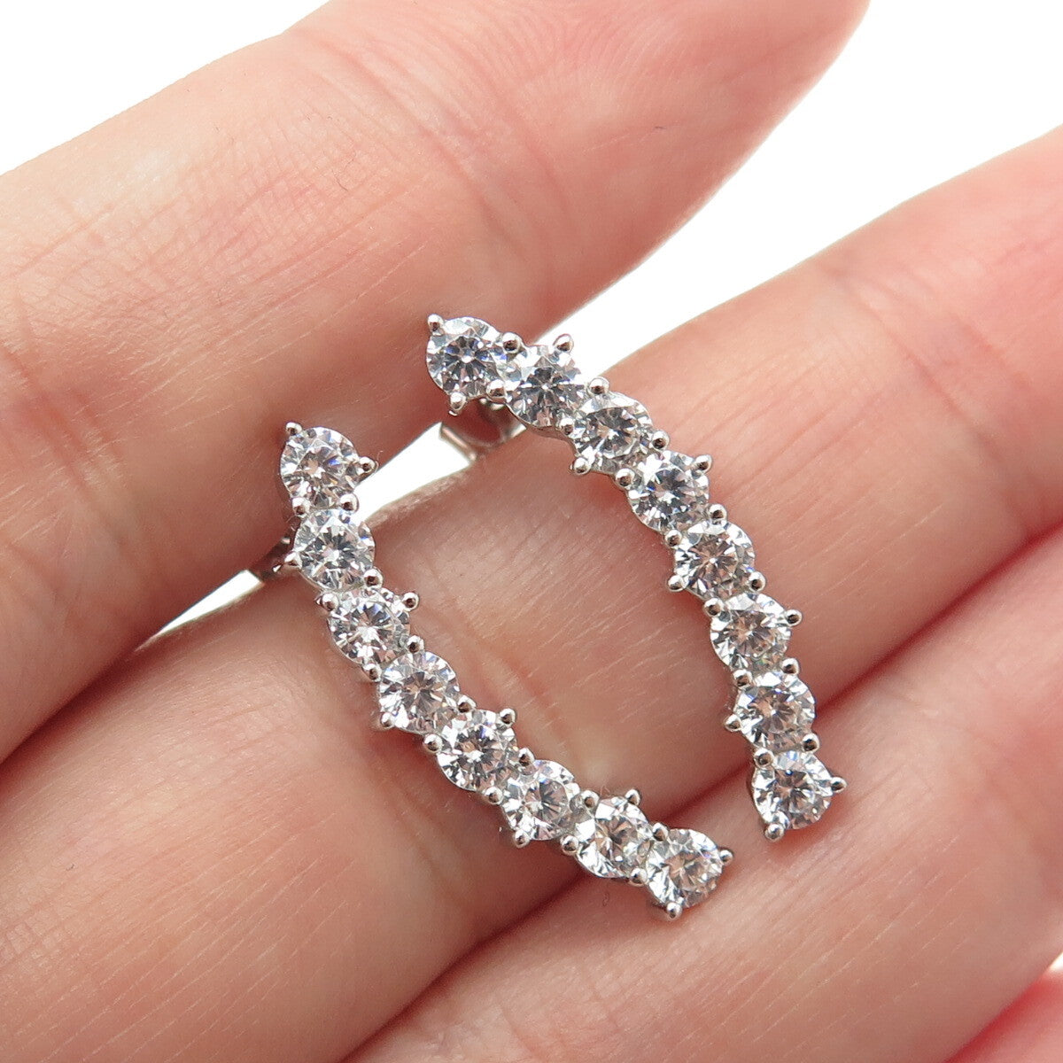 925 Sterling Silver Round-Cut C Z Wavy Bar Earrings