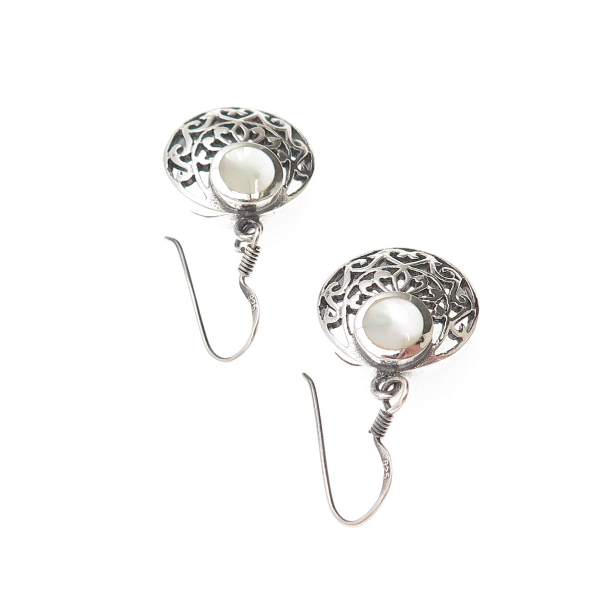 925 Sterling Silver Vintage Real MOP Floral Crescent Disc Dangle Earrings