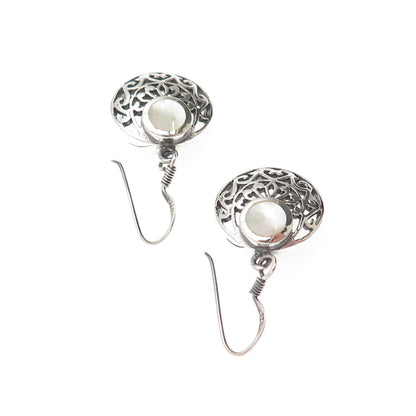 925 Sterling Silver Vintage Real MOP Floral Crescent Disc Dangle Earrings