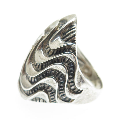 925 Sterling Silver Vintage Modernist Wavy Oxidized Ring Size 7