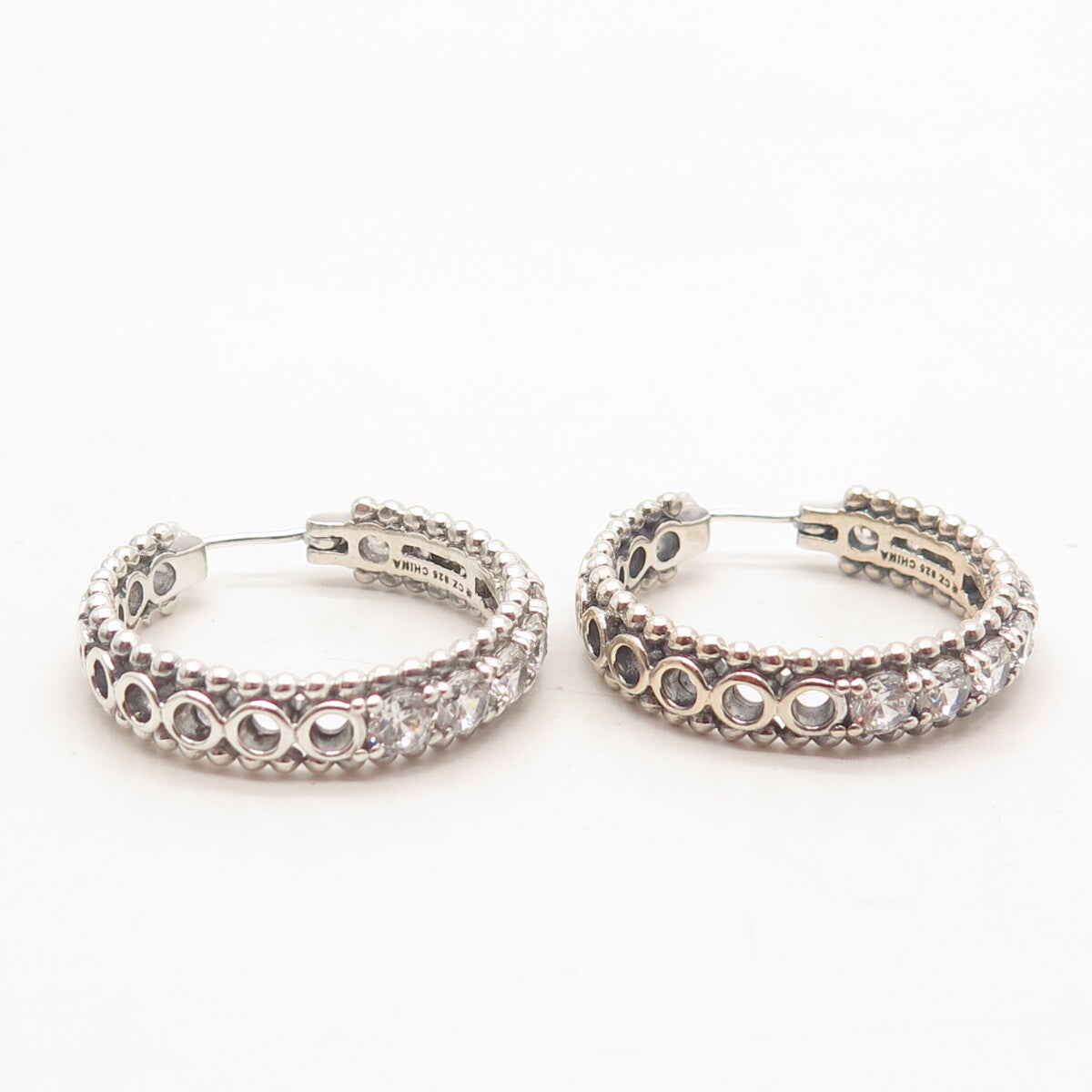 925 Sterling Silver Vintage C Z Round Hoop Earrings