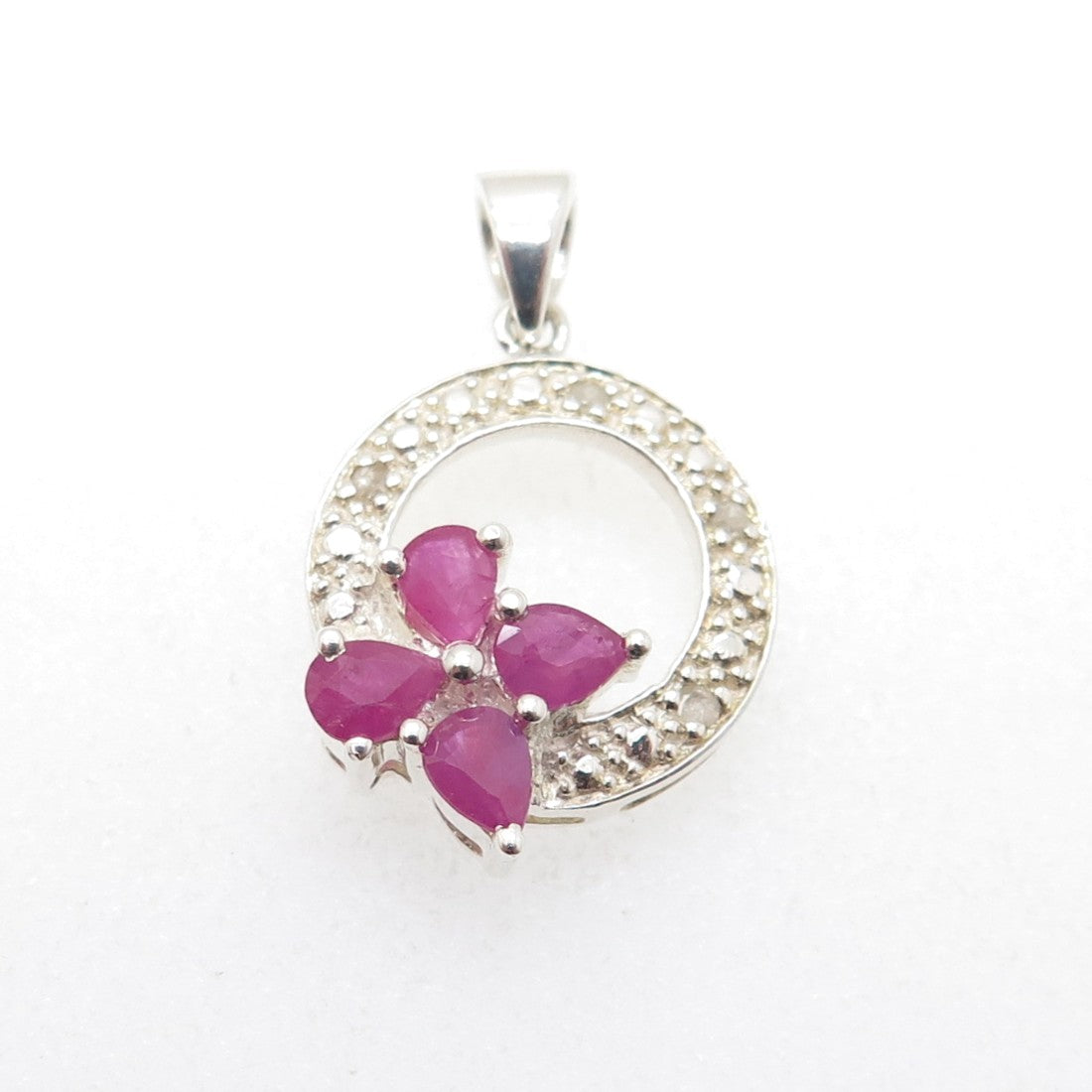 925 Sterling Silver Real Round-Cut Diamond & Pear-Cut Ruby Minimalist Pendant
