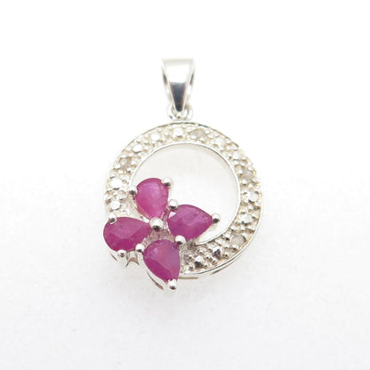925 Sterling Silver Real Round-Cut Diamond & Pear-Cut Ruby Minimalist Pendant