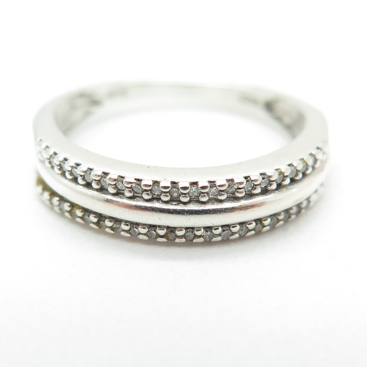 SUN 925 Sterling Silver Real Round-Cut Diamond Multi-Row Ring Size 7