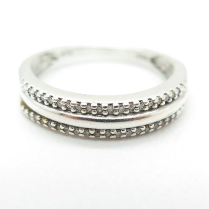 SUN 925 Sterling Silver Real Round-Cut Diamond Multi-Row Ring Size 7