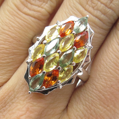 DSMK 925 Sterling Silver Real Oval-Cut Multi-Color Sapphire Cluster Ring Size 7