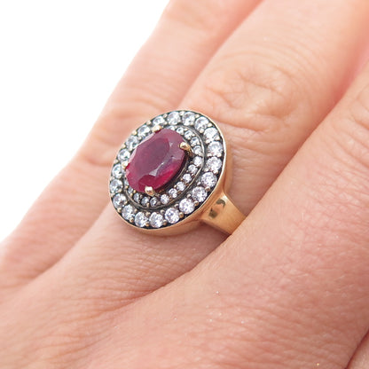925 Sterling Silver Gold Plated Real Oval-Cut Ruby & C Z Ring Size 6.75