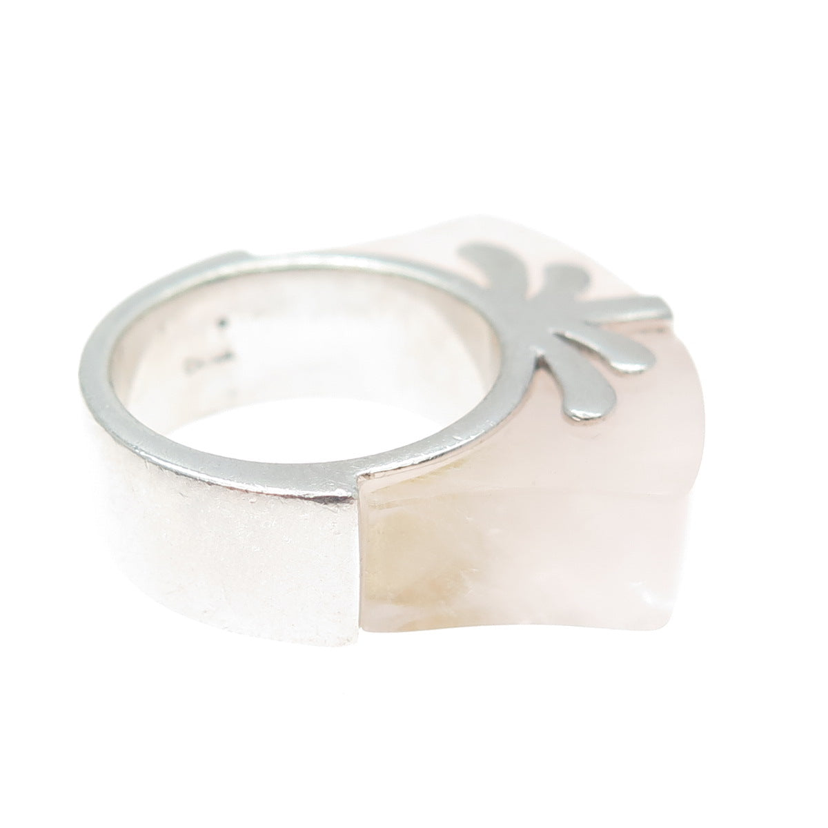 925 Sterling Silver Vintage Real Rose Quartz Modernist Ring Size 6.25