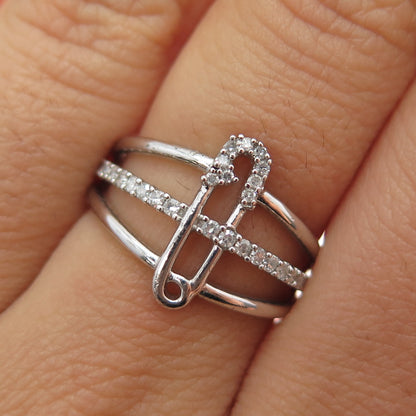 925 Sterling Silver Real Round-Cut Diamond Safety Pin 3-Row Ring Size 7