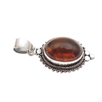 925 Sterling Silver Vintage Real Amber Granulated Charm Pendant