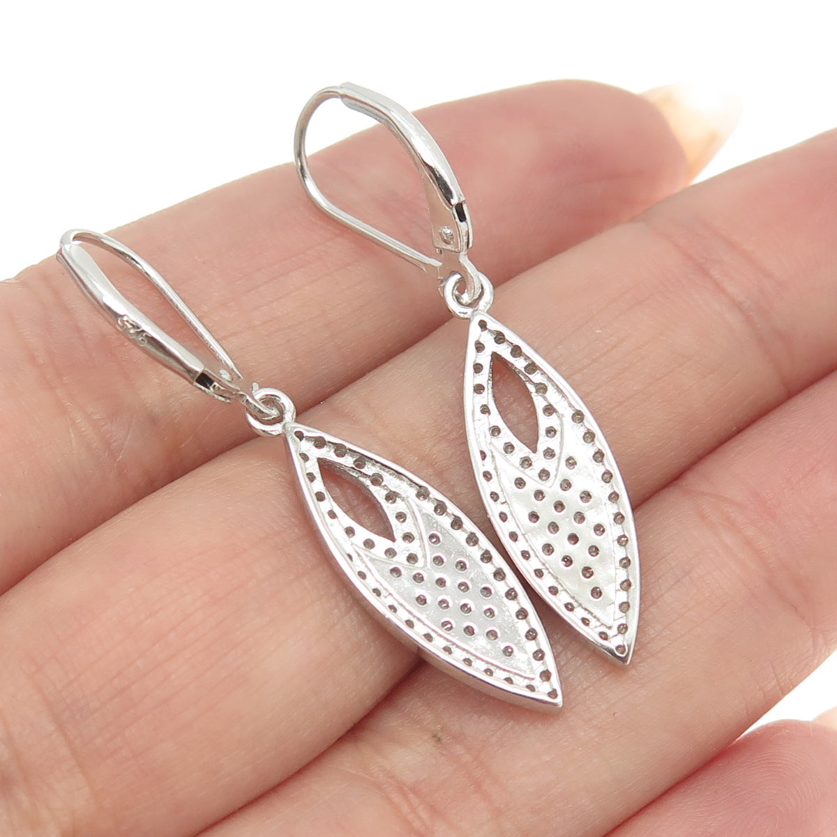 925 Sterling Silver Pave C Z Marquise Shape Dangling Earrings