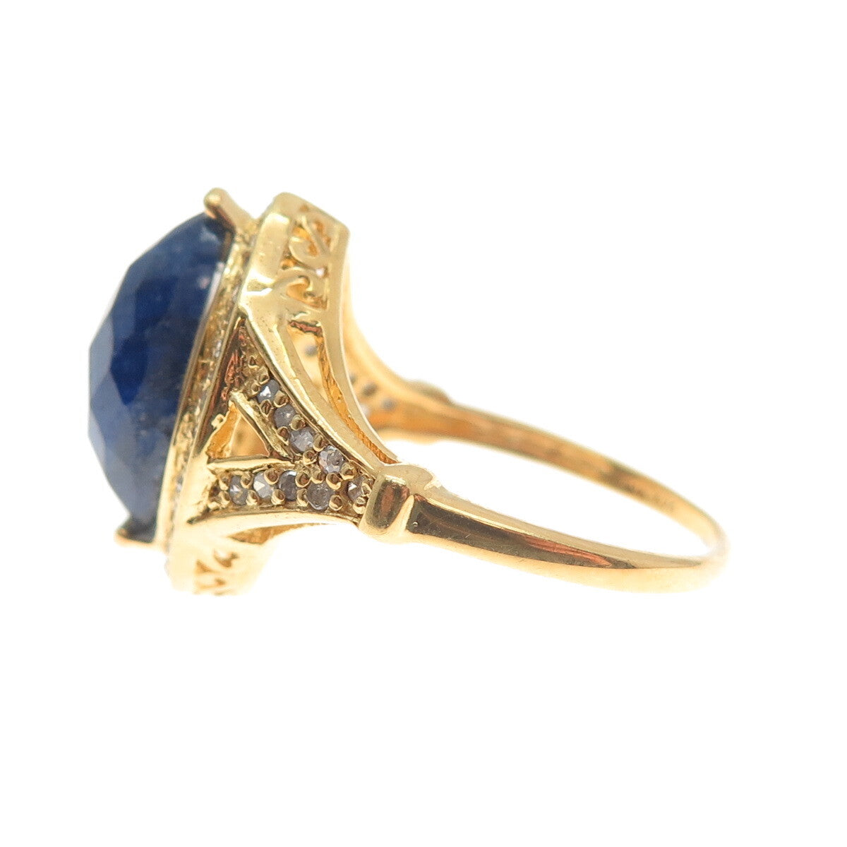 925 Sterling Silver Gold Plated Real Round-Cut Diamond & Sapphire Ring Size 7
