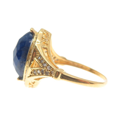 925 Sterling Silver Gold Plated Real Round-Cut Diamond & Sapphire Ring Size 7