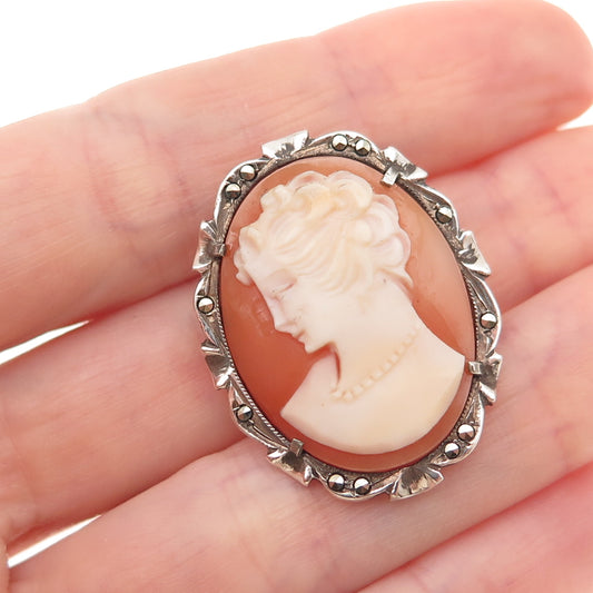 800 Silver Antique Art Deco Real MOP & Marcasite Lady Cameo Pin Brooch / Pendant