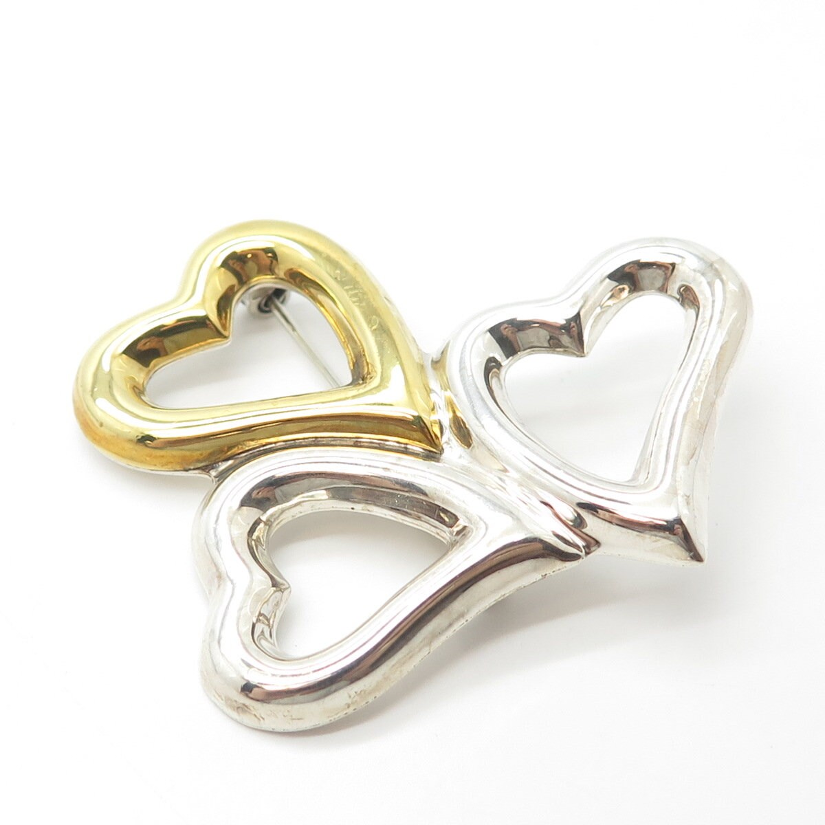 925 Sterling Silver 2-Tone Vintage Mexico Laton Heart Handcrafted Pin Brooch