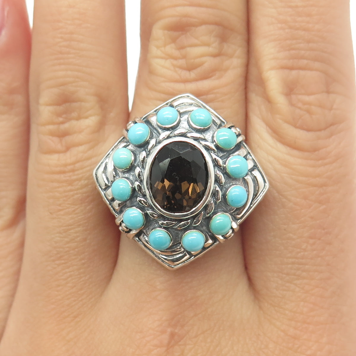 925 Sterling Silver Vintage Real Smoky Quartz & Turquoise Gemstone Ring Size 8