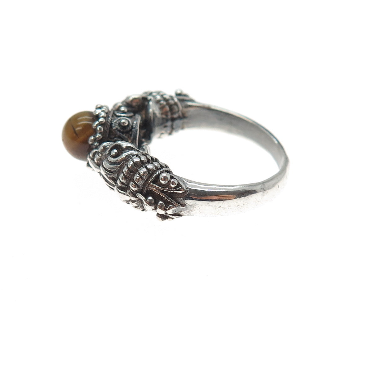 950 Silver Vintage Real Tiger Eye Dragon Oxidized Ring Size 5.5