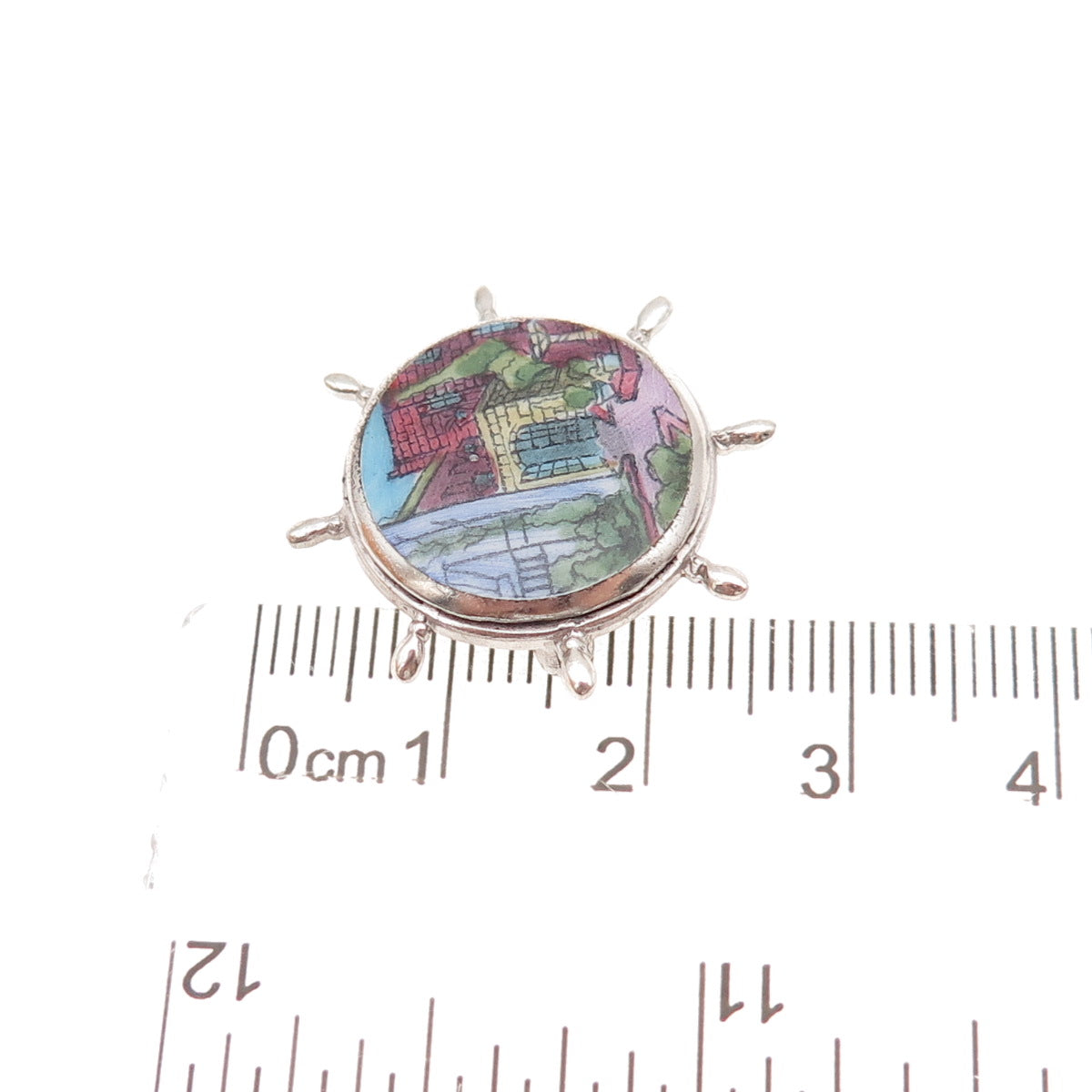 925 Sterling Silver Antique Art Deco Old Town Hand-Painted Ship's Wheel Brooch