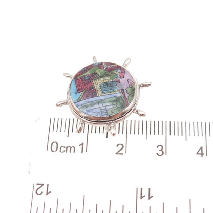 925 Sterling Silver Antique Art Deco Old Town Hand-Painted Ship's Wheel Brooch