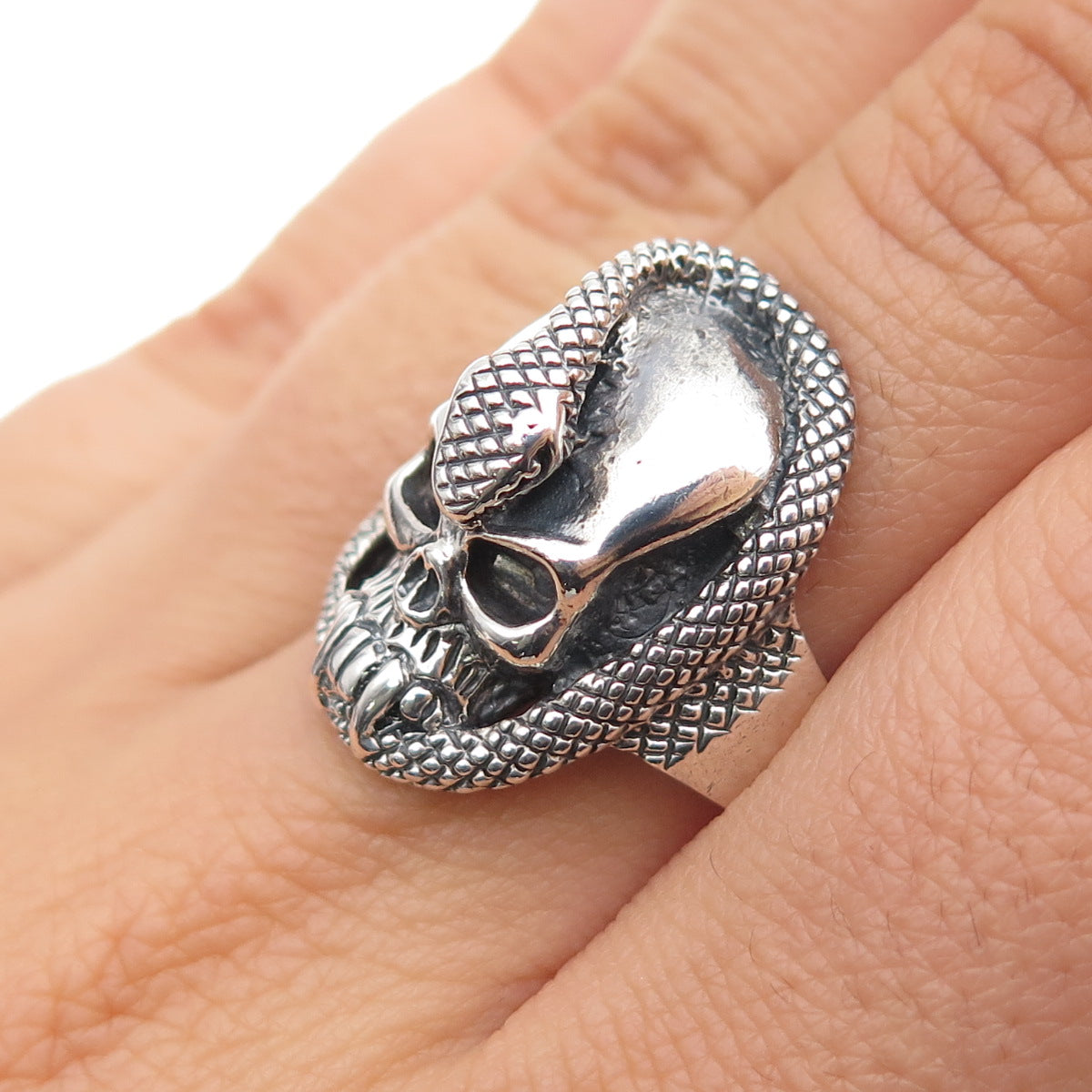 925 Sterling Silver Vintage Skull & Snake Oxidized Biker Ring Size 7.75