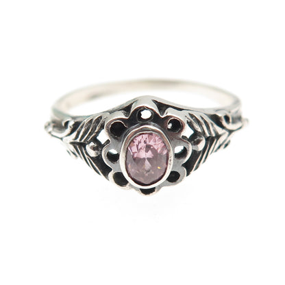 925 Sterling Silver Vintage Oval-Cut Lavender C Z Flower Oxidized Ring Size 6