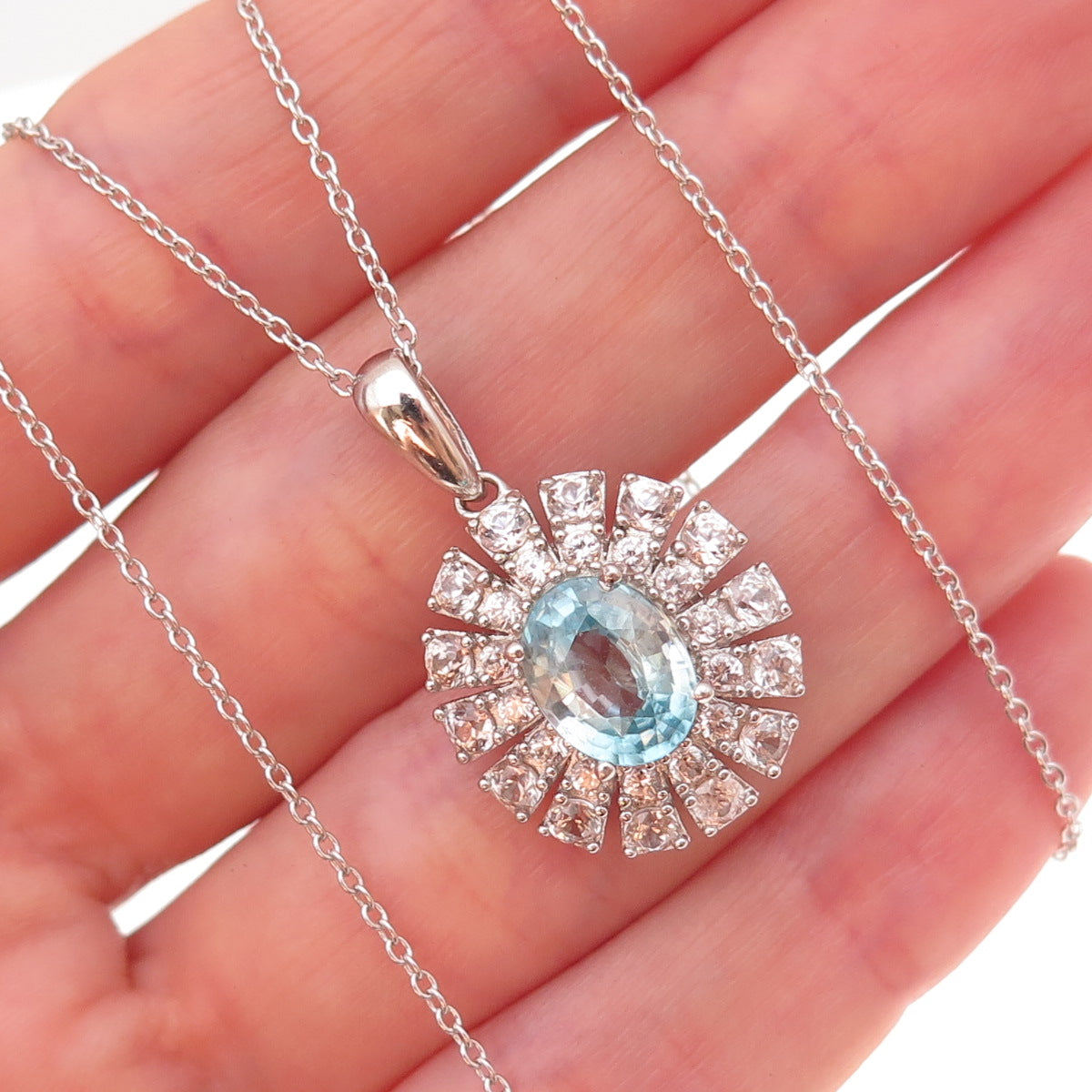 925 Sterling Silver Real Blue & White Topaz Floral Cable Chain Necklace 18"