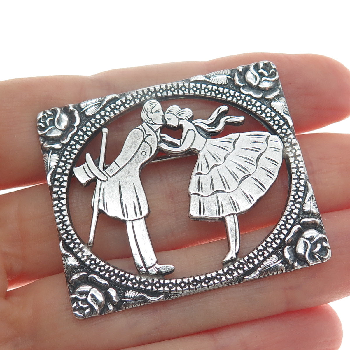 925 Sterling Silver Vintage Courting Couple Scene Floral Oxidized Pin Brooch