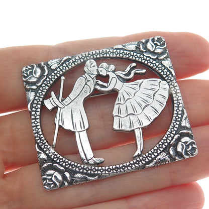 925 Sterling Silver Vintage Courting Couple Scene Floral Oxidized Pin Brooch