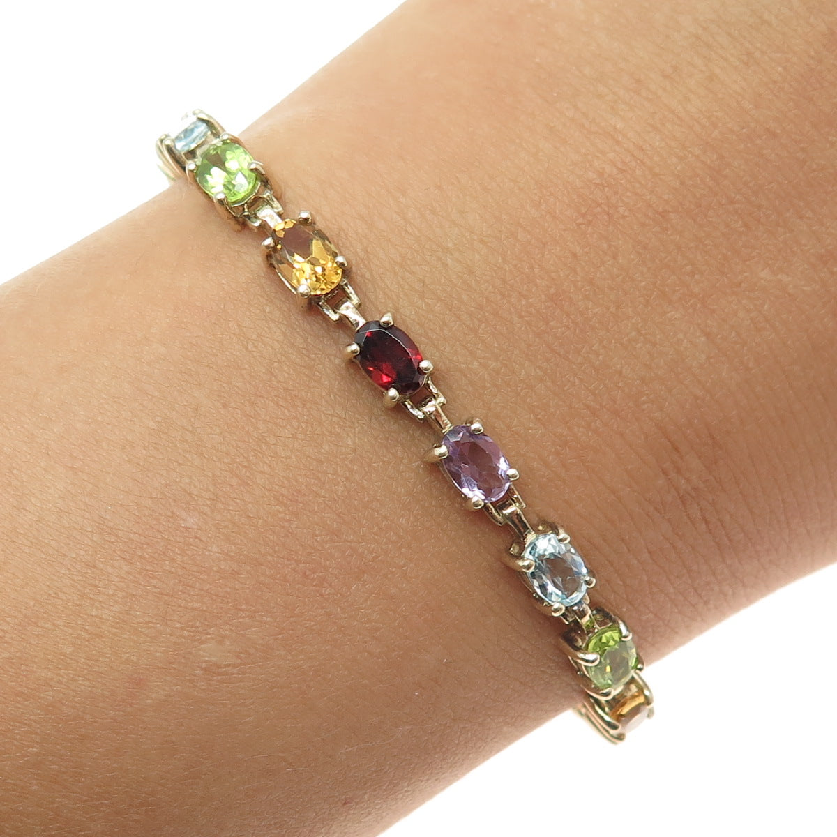 925 Sterling Gold Plated Real Topaz Amethyst Peridot Citrine Garnet Bracelet 7"