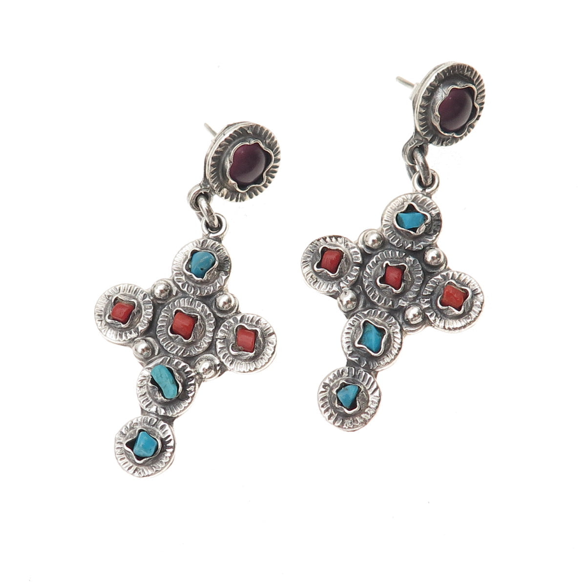 925 Sterling Silver Vintage Mexico Real Turquoise Coral Amethyst Cross Earrings